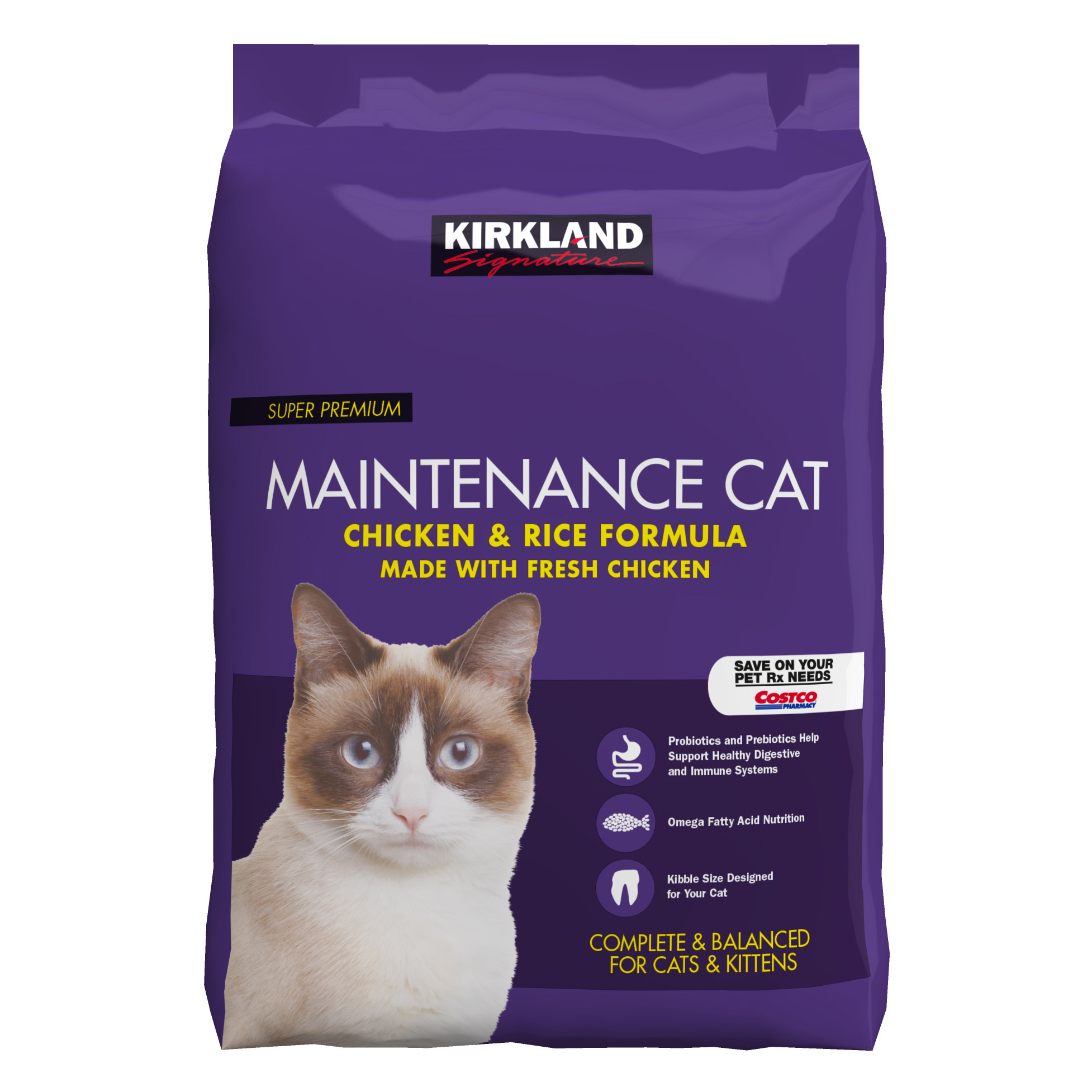 Purple bag of Kirkland Signature Maintenance Cat Chicken & Rice Formula on a white background