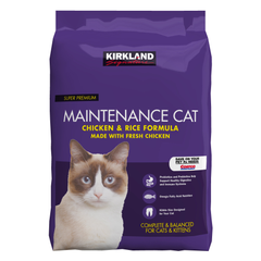 Purple bag of Kirkland Signature Maintenance Cat Chicken & Rice Formula on a white background