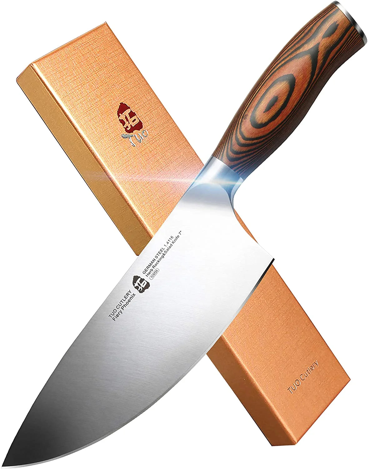 TUO Herb Rocking&Salad Knife- Vegetable Cleaver - High Carbon German Stainless Steel Kitchen Knife - Pakkawood Handle Veggie Chopper - Luxurious Gift Box Included - 7 Inch - Fiery Phoenix Series