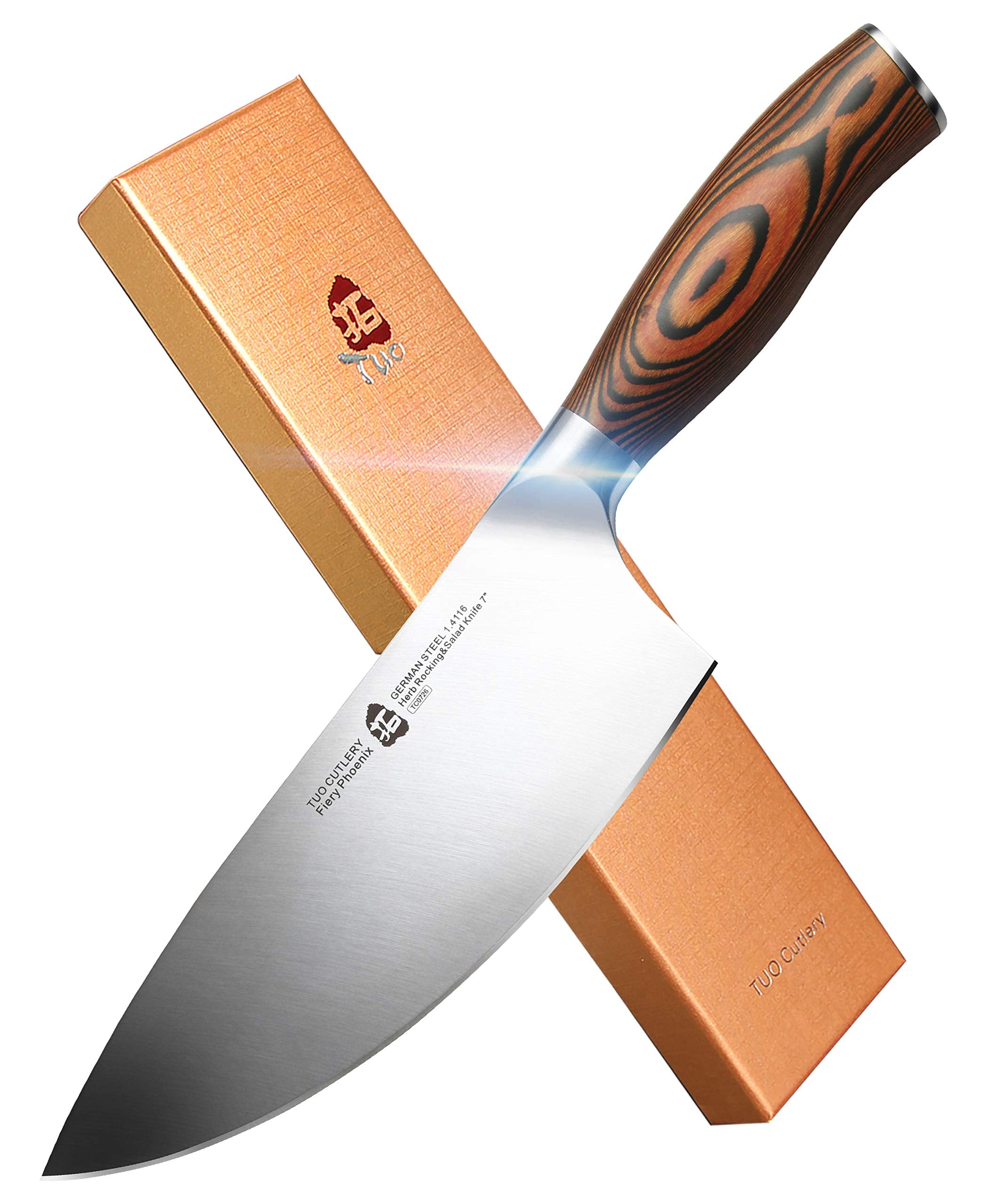 TUO Herb Rocking&Salad Knife- Vegetable Cleaver - High Carbon German Stainless Steel Kitchen Knife - Pakkawood Handle Veggie Chopper - Luxurious Gift Box Included - 7 Inch - Fiery Phoenix Series