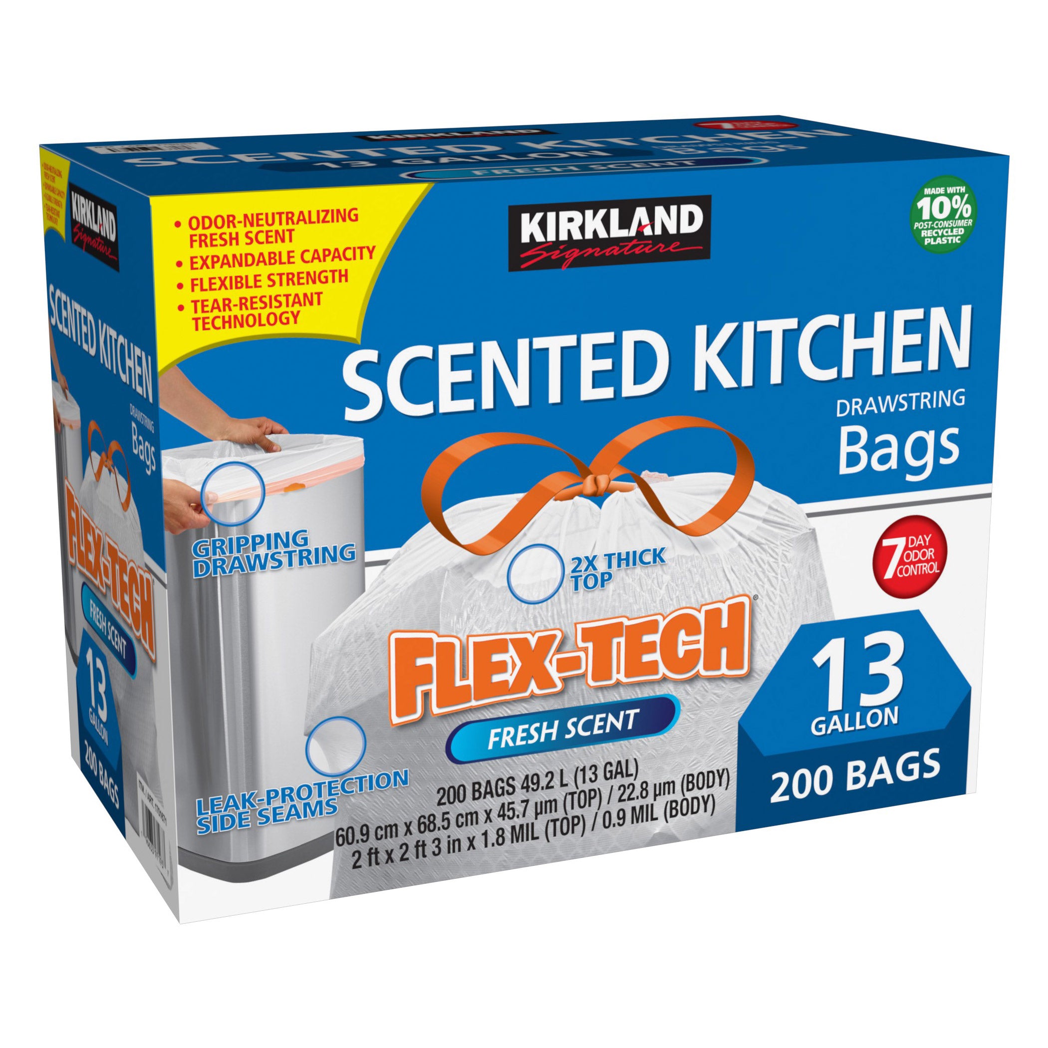 Kirkland Signature Flex-Tech 13-Gallon Scented Kitchen Trash Bags, 200-Count
