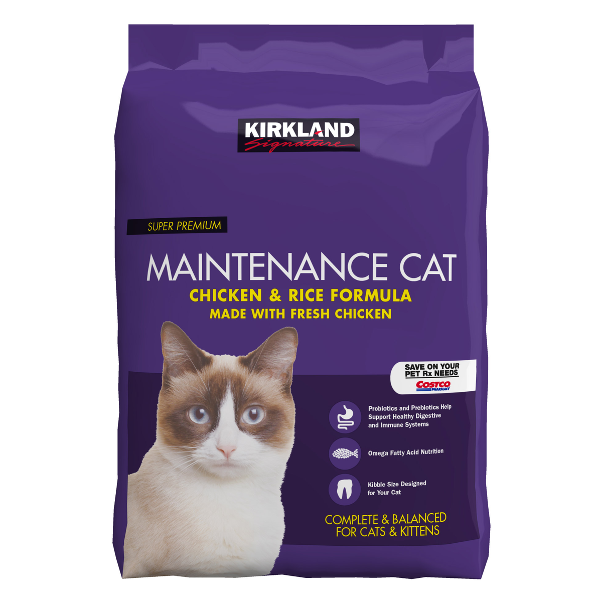 Purple bag of Kirkland Signature Maintenance Cat Chicken & Rice Formula on a white background
