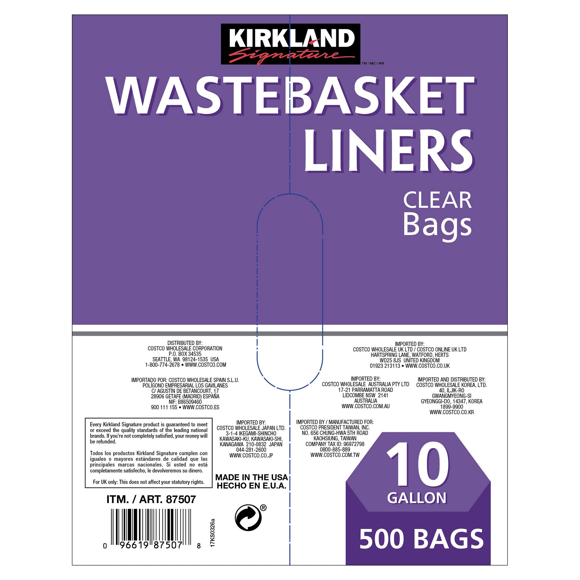 Kirkland Signature 10-Gallon Wastebasket Liner, Clear, 500-Count