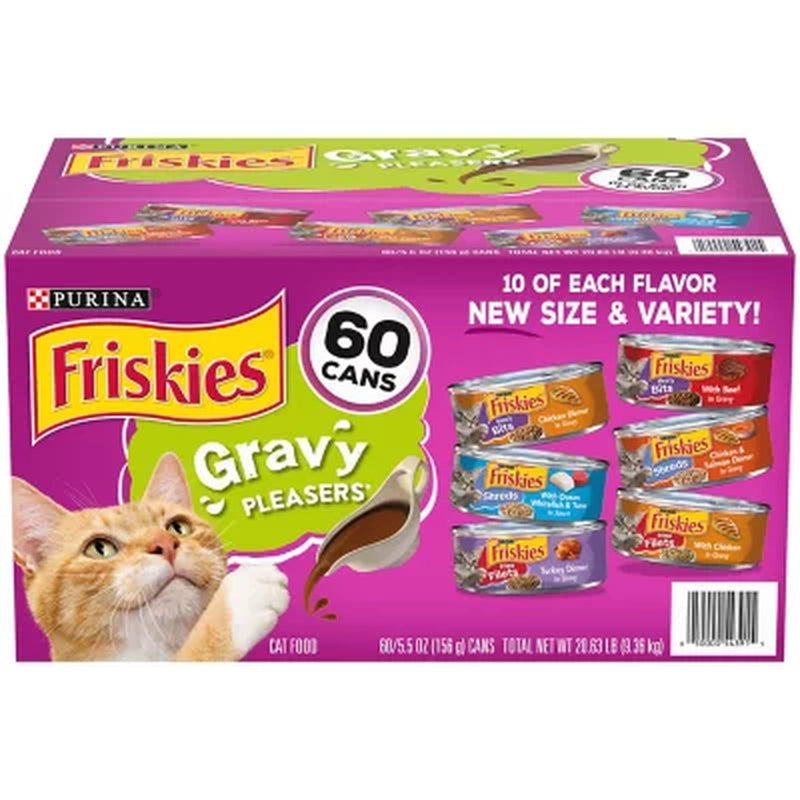 Purina Friskies Gravy Pleasers Variety Pack, Adult Wet Cat Food, 5.5 Oz., 60 Ct.